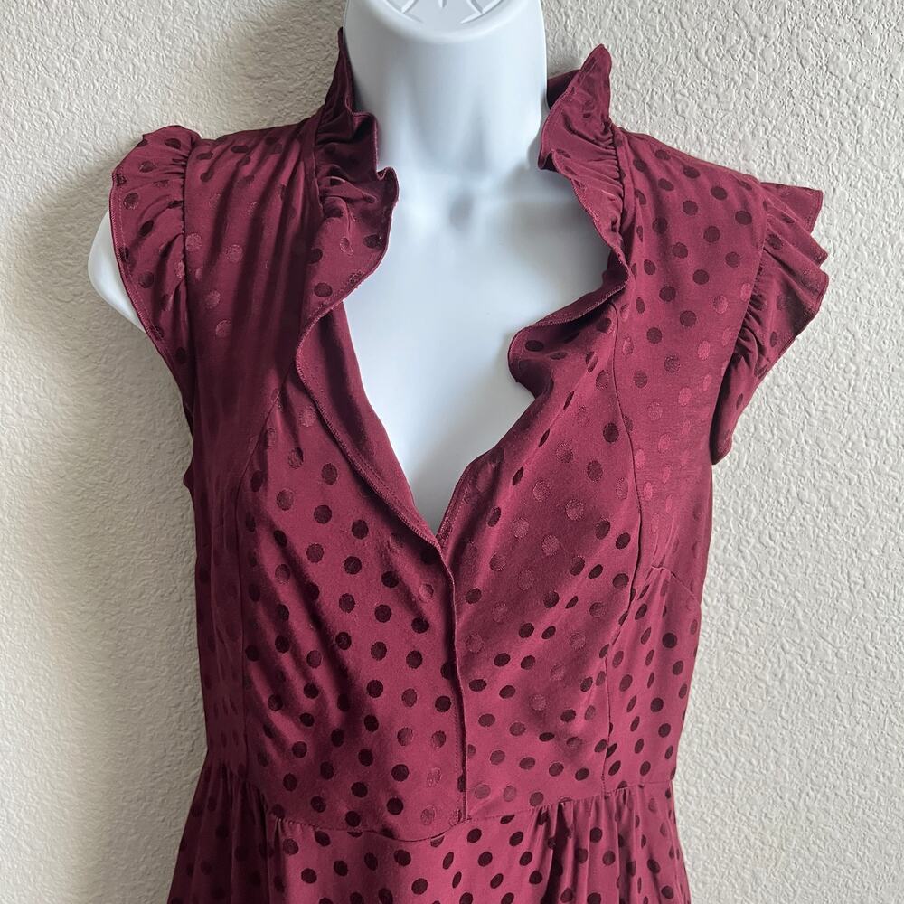 Sandro Jasmine Burgundy Polka Dot Dress Women's Small Ruffles Mini Fit & Flare - Picture 2 of 7
